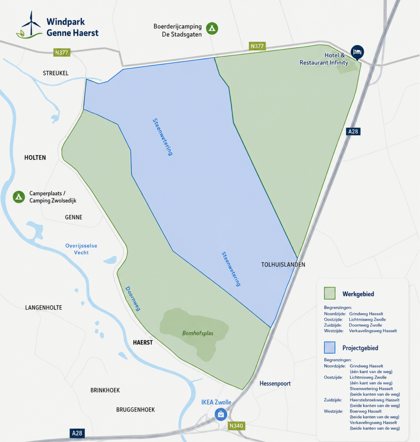 Kaart van het werk- en projectgebied van windpark Genne Haerst — klik voor een vergroting